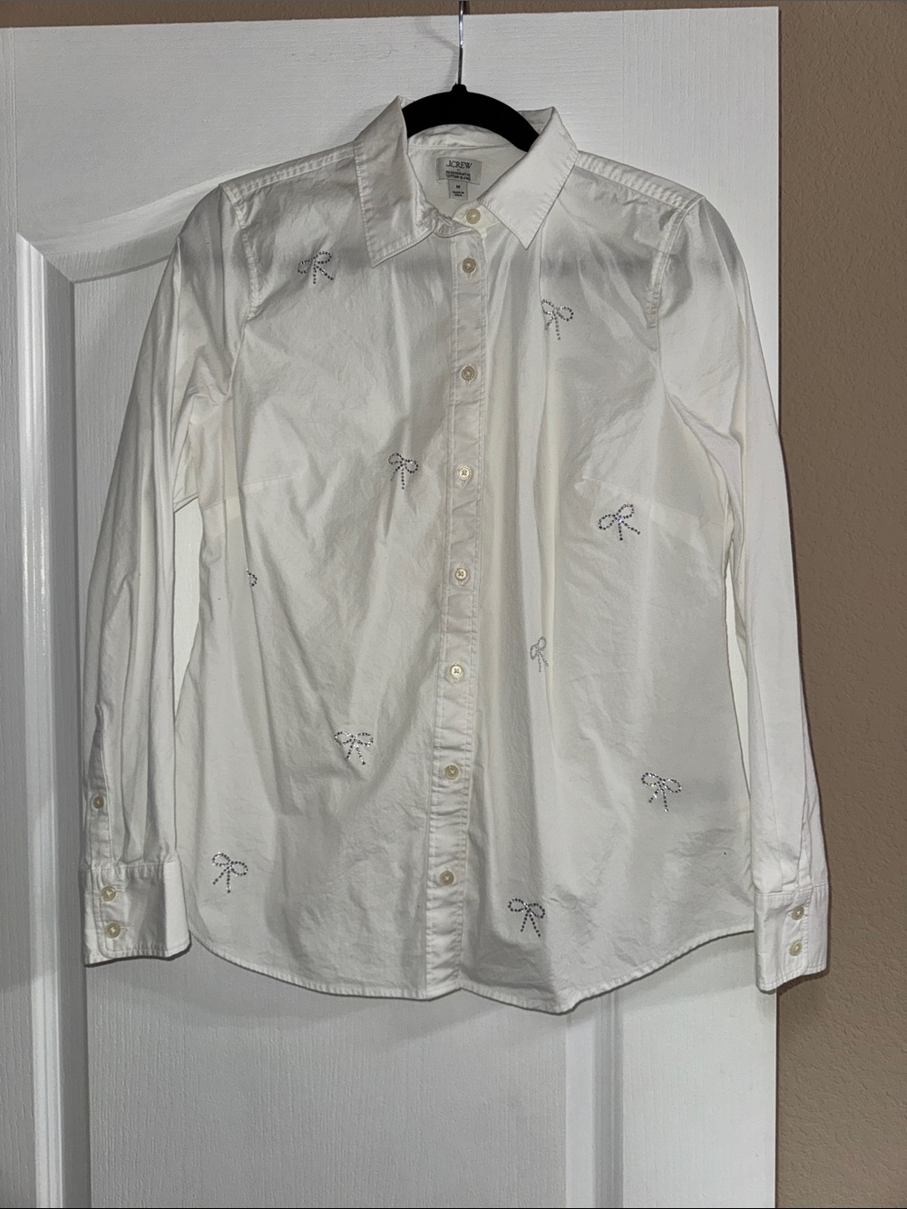 J. Crew White Button-Up Shirt with Bow crystals
